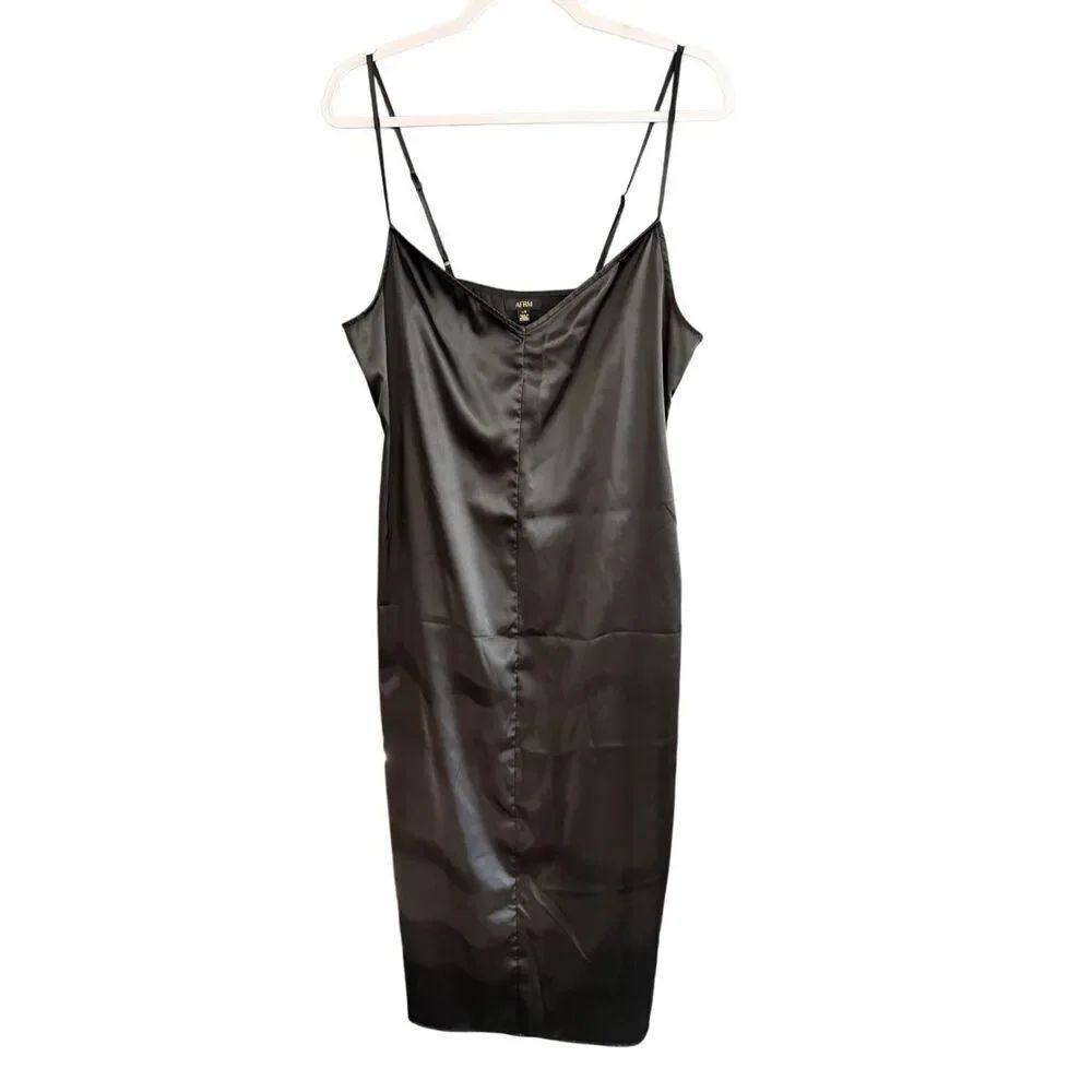 AFRM Womens Black V-Neck Spaghetti Straps Satin Mini Slip Dress Size Large